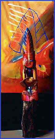 'Portret van een zelfbeeld' 1998, acryl op linnen en een houten beeld